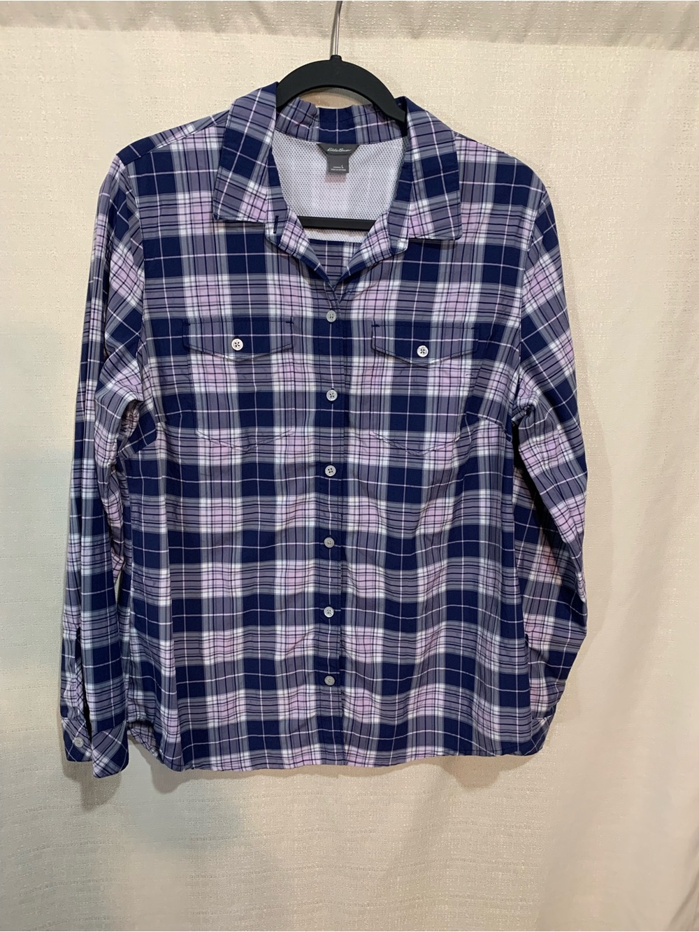 Eddie Bauer Navy and Light Purple Plaid Button-Down Shirt. A1/9